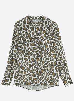 silke satin skjorte med giraf mønster i khaki farver